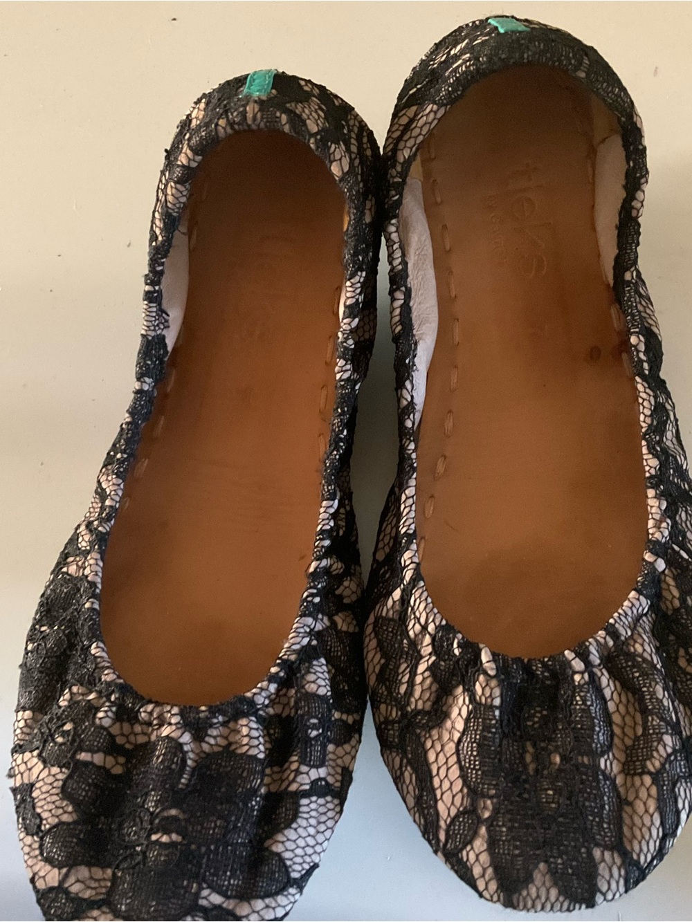 Tieks Black Lace Over Nude Ballet Flats with Teal Logo Tab